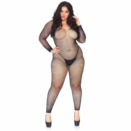 Crystalized Seamless Fishnet Long Sleeved  Bodystocking - 1x/2x - Black LA-89233XBL1X2